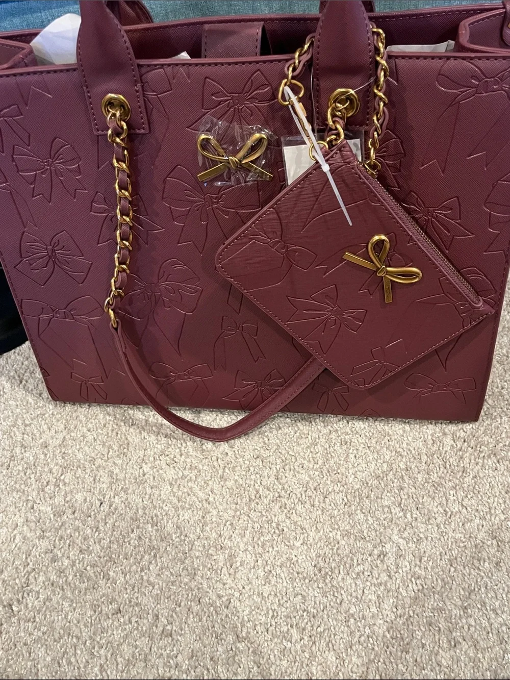 Betsey Johnson Maroon Embossed Bow Tote and Pouch with Gold Accents